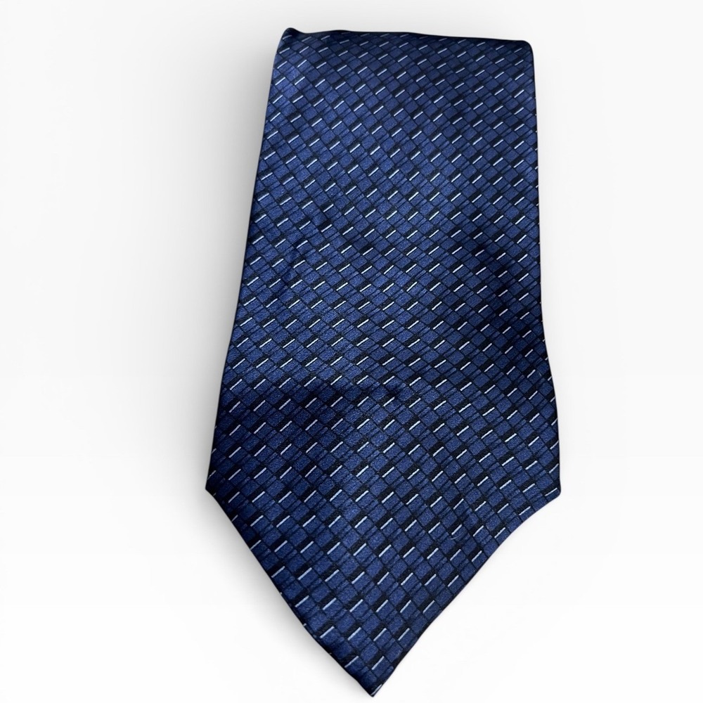 Perry Ellis Portfolio 100% Silk Tie Blue Black Geometric Pattern Formal Neckwear